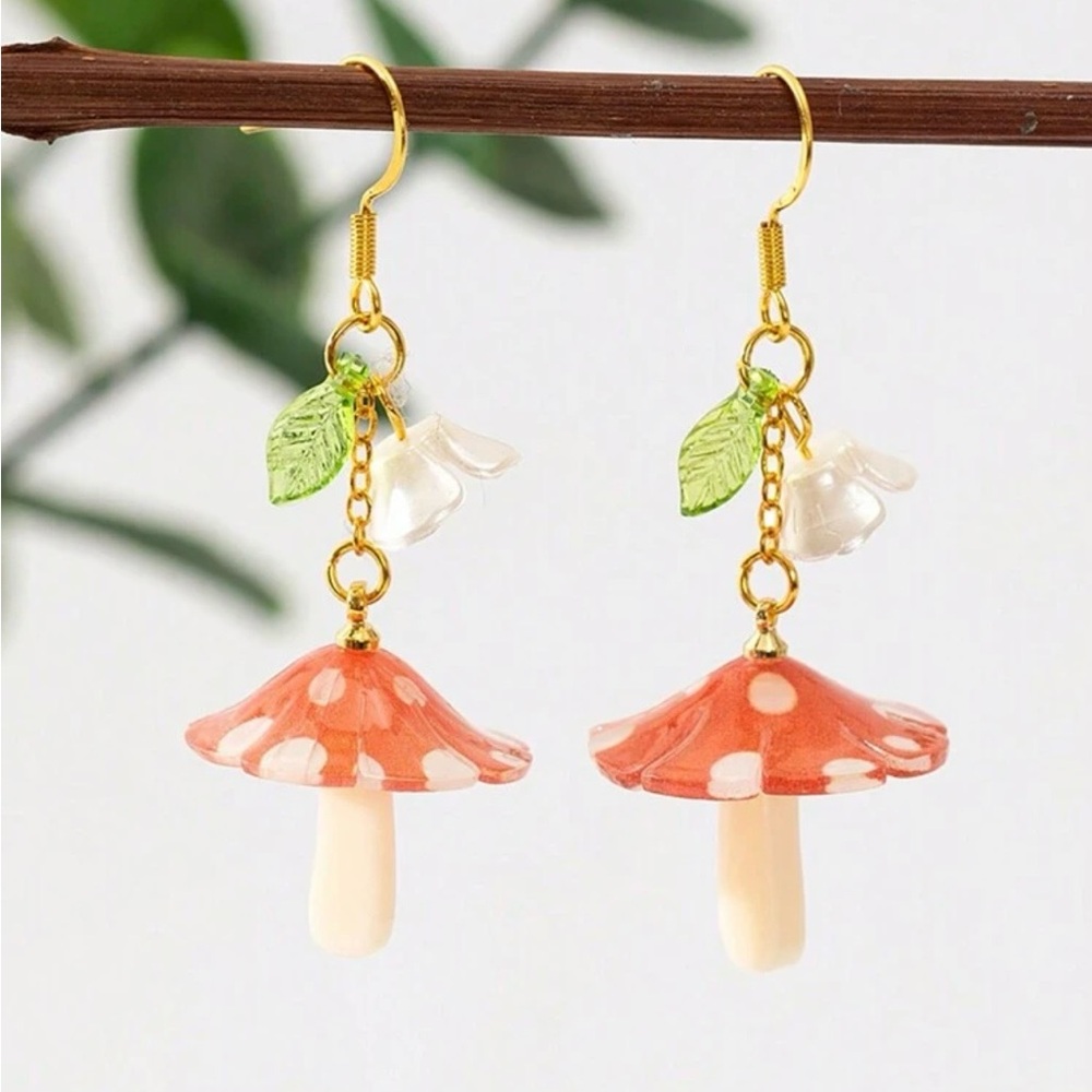 Mushroom Dangle Earrings with Leaf Accents